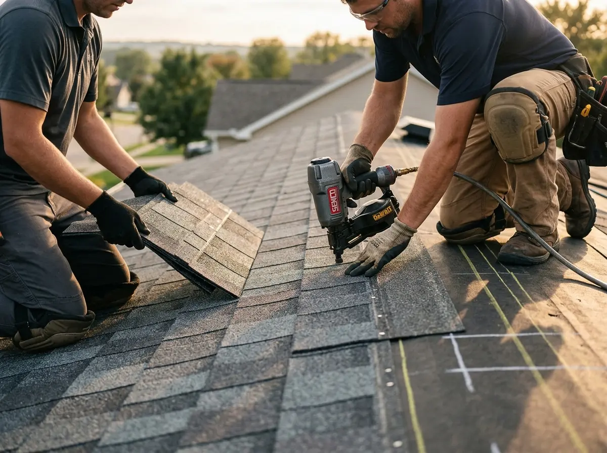 Professional roofer working on a residential roof in Owensboro